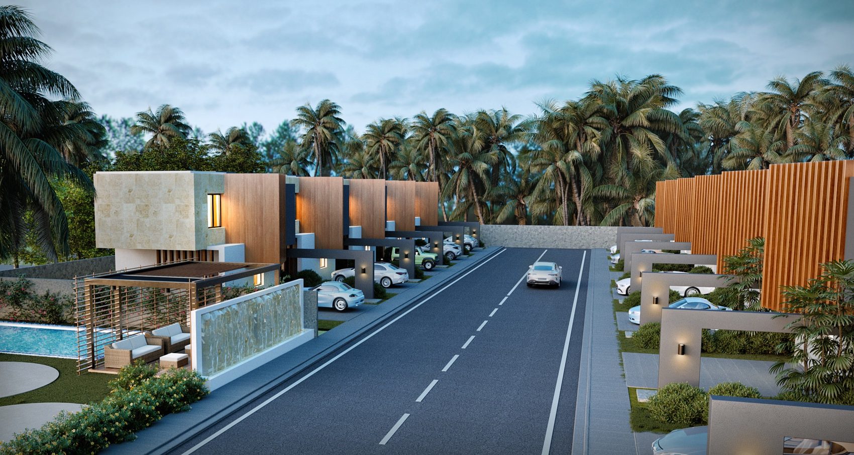 Rendering of the 7Palms De La Ville villa street with private pools and palm trees