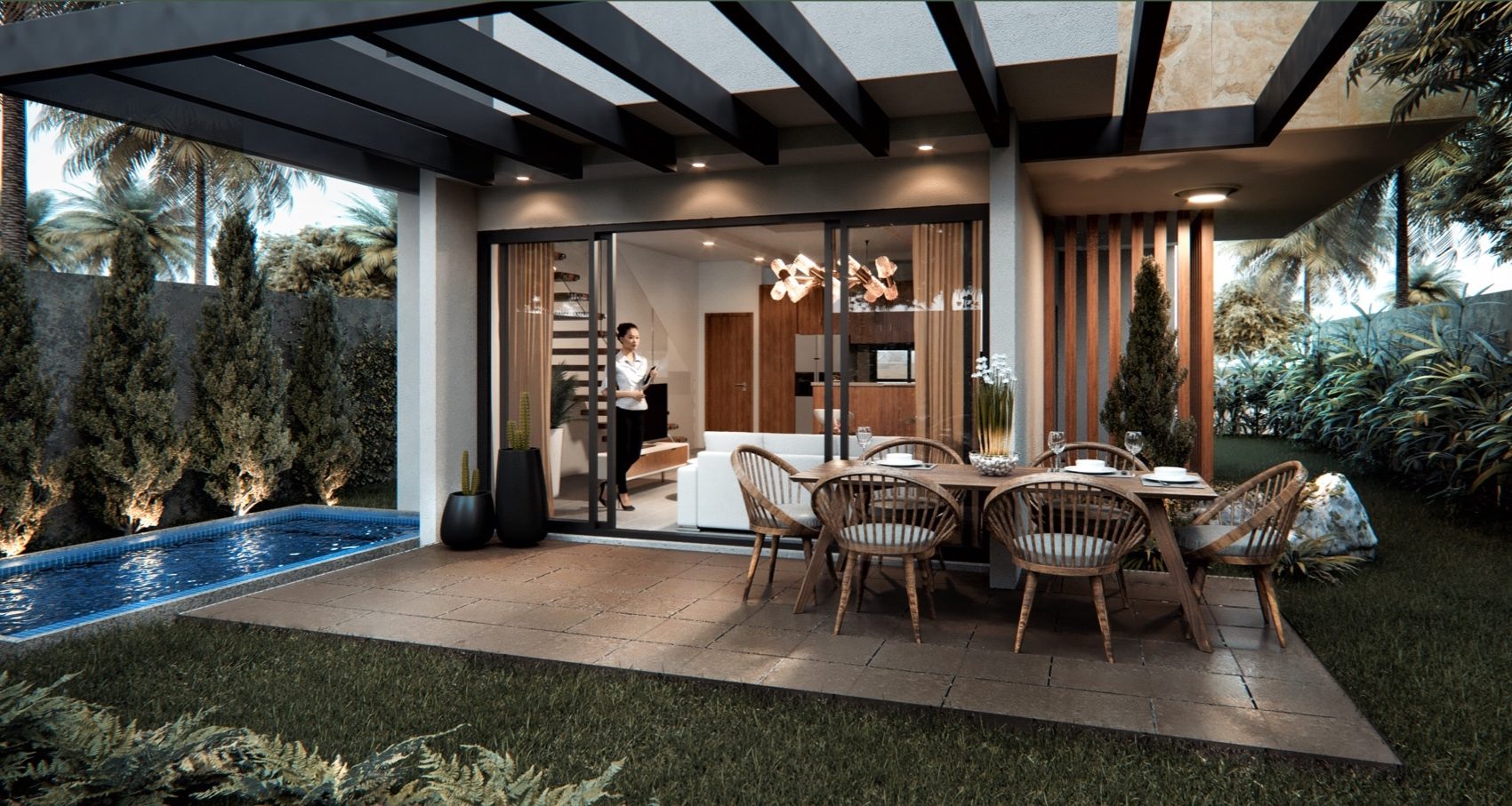 Rendering of a covered terrace with dining table beside a private pool